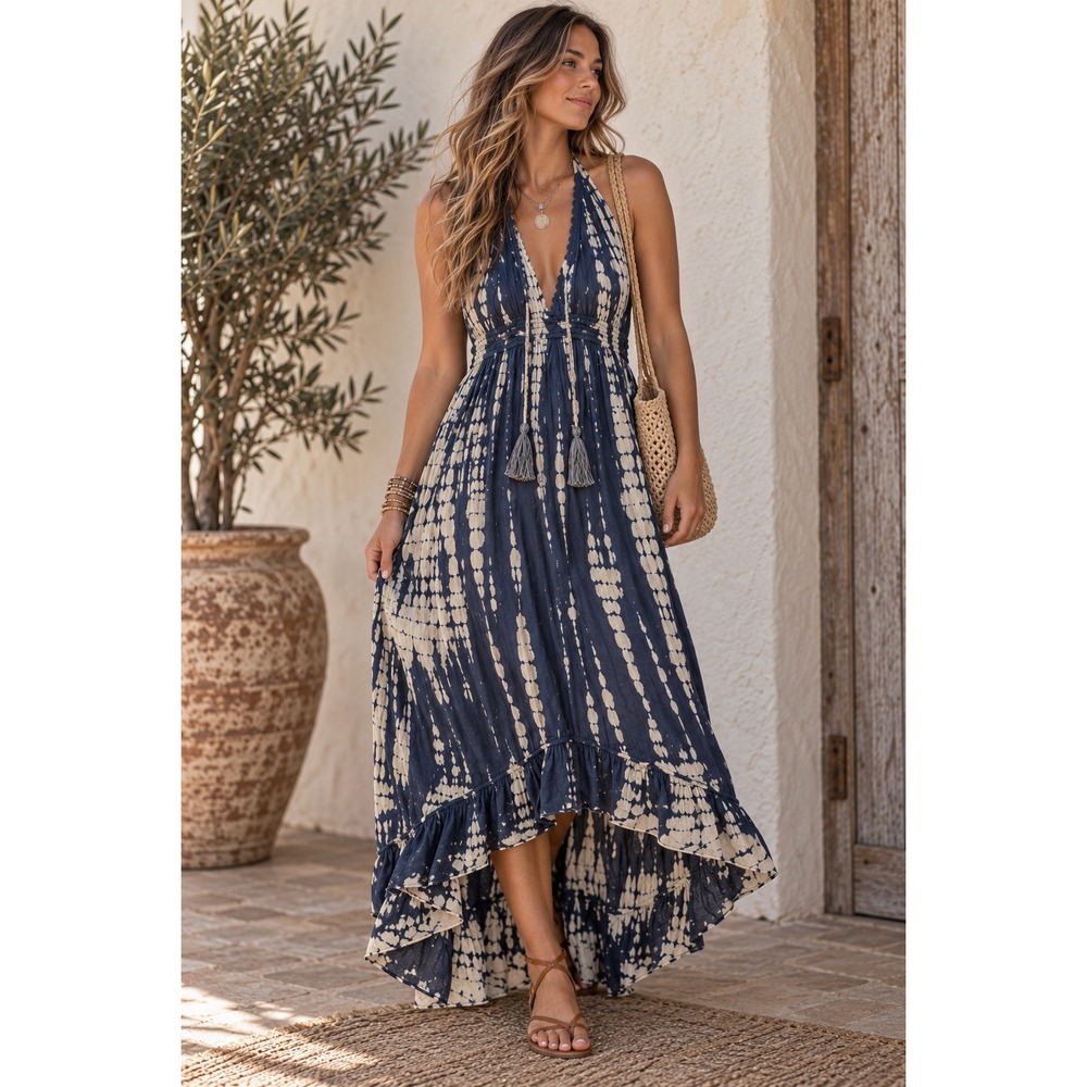 Bohome Navy Tie Dye Halter Maxi Dress High Low Ruffle Hem Tassels Boho S